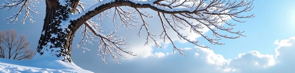 Snow-covered tree trunk with branches reaching towards the sky, nature, tree