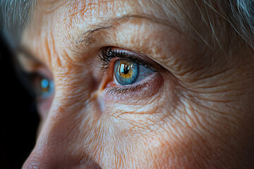 Macro photograph highlighting the wrinkles and expressive blue eyes of a senior woman, emphasizing the effects of aging on skin texture