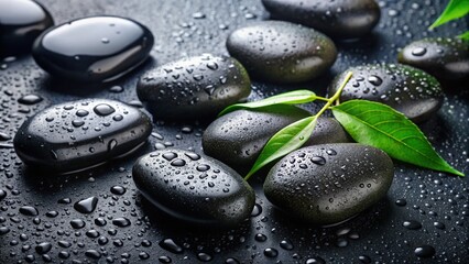 Spa Stones, Water Drops, Black Background, Wellness, Relaxation - Top View Stock Photo
