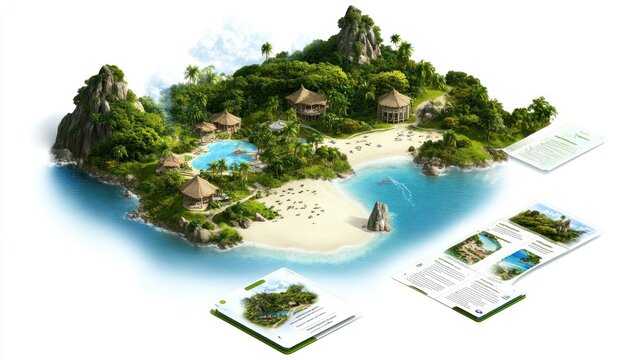 Tropical island scene with resort amenities and informational brochures.