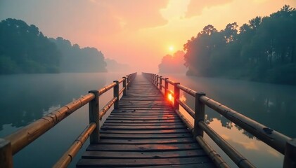 Obraz premium misty dawn on the wooden bamboo bridge with the river flowing gently in the distance, water, mist, fog