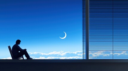 Fototapeta premium A person sits in contemplation, gazing at a crescent moon.