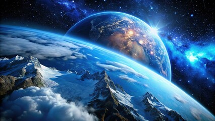 Stunning Blue Planet Earth, Crisp Clouds, Majestic Mountains & Starry Cosmos - High-Resolution Stock Photo