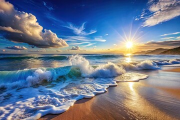 Fototapeta premium Stunning Turquoise Ocean Waves Crashing on Sandy Shore - Coastal Landscape