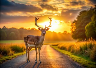 Majestic Fallow Deer on Rural Road at Sunset - Wildlife Photography