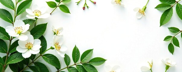 Obraz premium White background with lush Moringa leaves and flowers, flowers, leaves, plant life