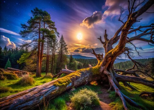 Majestic Fallen Tree in Faskally Wood, Scotland - Night Photography
