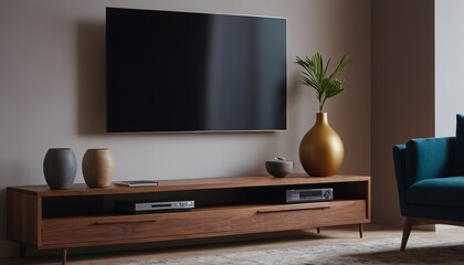 Modern living room with orange armchairs, wood cabinet, and mounted TV. 9