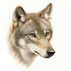 Fototapeta premium detailed watercolor illustration of wolfs head, showcasing its expressive eyes and soft fur texture. artwork captures essence of this majestic animal beautifully