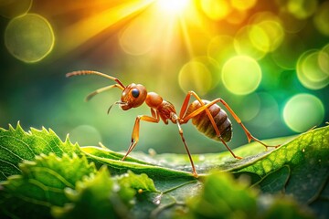 Tiny Topaz Ant on Lush Green Leaf, Macro Landscape Photography