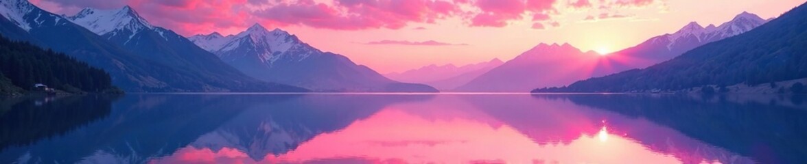 Obraz premium Reflections of pink sunrise on tranquil mountain lake, nature, watercolours
