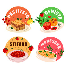 Greek cuisine sticker set, food, dish. Pastitsio, moussaka, dolmades, souvlaki, stifado, gemista, greek salad. Vector illustration
