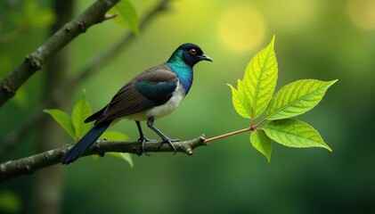 A single Pfauenauge gazes from a lone leaf on a branch of Tannenbaum, its feathers outstretched, Leaf, Nature