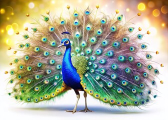 Majestic Indian Peacock Displaying Feathers, Isolated on White, Bokeh Background, Copy Space