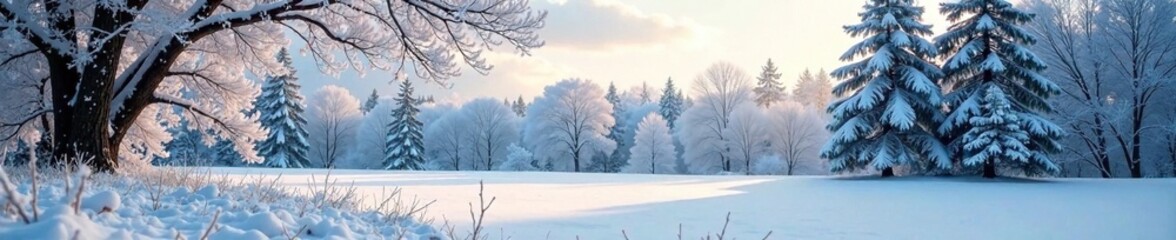 Frosty trees against a mottled dirty snow background, snowy woods,
