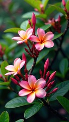Plumeria tree with blooming flowers and foliage, floral arrangement, blooming tree
