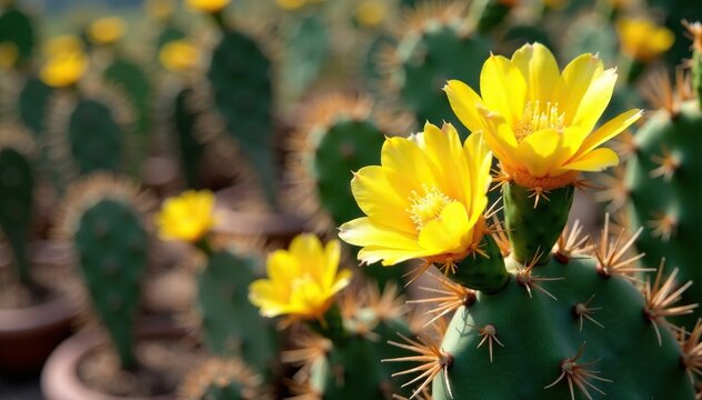 Prickly Opuntia humifusa with bright yellow flowers, devil s tongue, wild cactus
