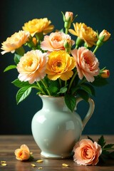 Obraz premium Soft petals unfurl from delicate vase, revealing peach and yellow carnations amidst lush greenery, delicate, flowers
