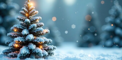 Snowflakes fall gently on a white Christmas tree, tree, white, evergreen