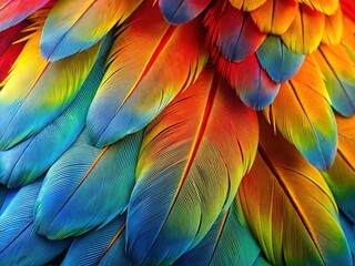 Vibrant Harlequin Macaw Feathers Texture Background - Closeup Colorful Bird Plume Detail