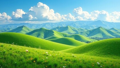 Fototapeta premium Rolling hills with silty mountains in the background and fluffy white clouds, fluffy clouds, rolling hills