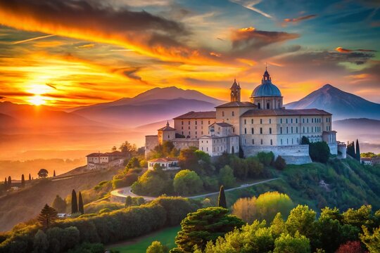 Majestic Montecassino Abbey at Dawn: Long Exposure Panoramic View of Italian Monastery
