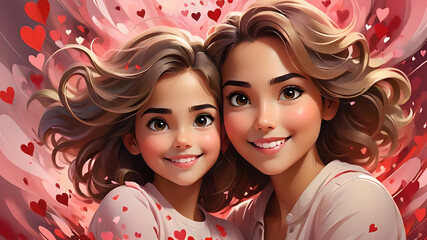 Heartwarming Valentines's Day Moment:  Mother and Daughter smiling with love and hearts
