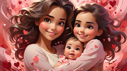 Heartwarming Valentines's Day Moment:  Mother and Daughters smiling with love and hearts