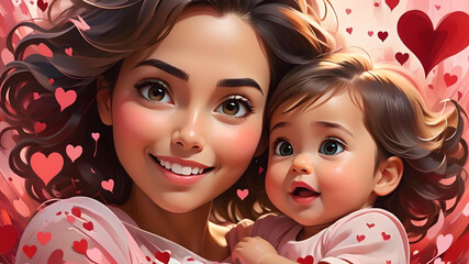 Heartwarming Valentines's Day Moment:  Mother and Daughter smiling with love and hearts