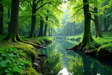 Obraz premium Mossy trees surround a serene pond in the green spring forest, spring, water