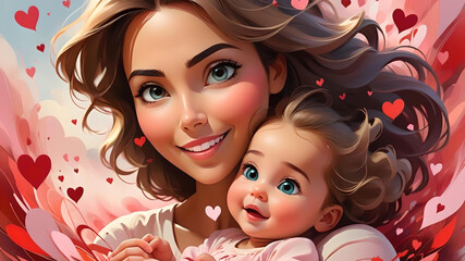 Heartwarming Valentines's Day Moment:  Mother and Daughter smiling with love and hearts
