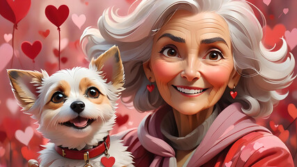 Valentine's Day Joy:  Older woman smiling with small dog and love hearts