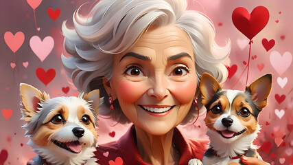 Valentine's Day Joy:  Older woman smiling with small dog and love hearts