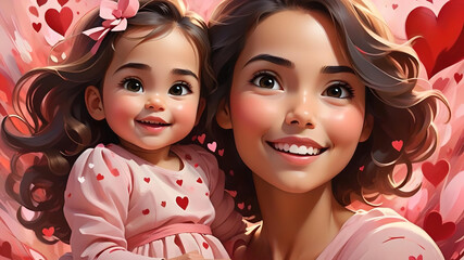 Heartwarming Valentines's Day Moment:  Mother and Daughter smiling with love and hearts