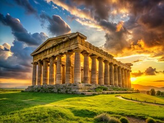 Obraz premium Majestic Paestum Temples: Ancient Greek Ruins at Sunset, Italy