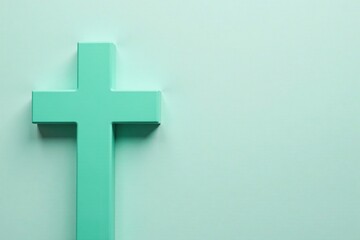 Obraz premium Mint green cross on light gray background with subtle copy space, copy space, cross