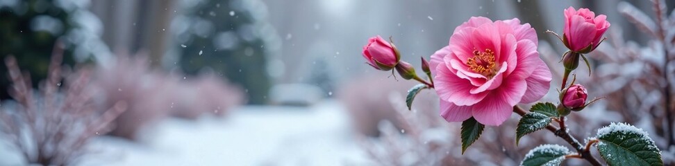 Pink flower bush in icy garden with bare branches and snow, flower, blossom