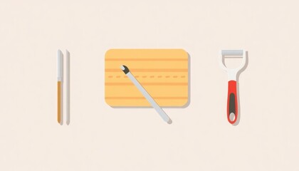 Kitchen Tools Icon Set. Flat icons of kitchen essentials: chopping board, tongs, and peeler.

