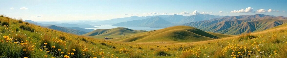 Fototapeta premium Rolling hills of Shadzhatmaz mountain plateau, grasses, wildflowers