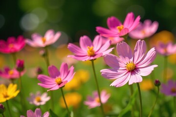 Obraz premium Cosmos flowers in a sunny garden with yellow daisies, blooming, daisy, floral arrangement