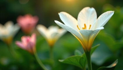 Fototapeta premium delicate white petals unfold from earthy green stem, flowers, garden