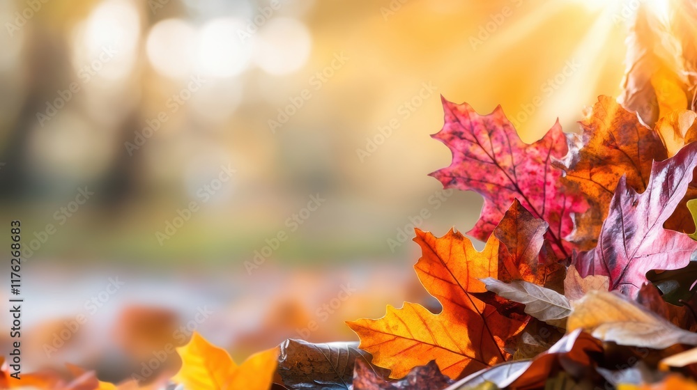 Poster a close-up of vibrant autumn leaves in various colors, illuminated by soft sunlight, creating a warm