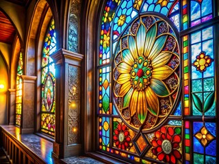 Obraz premium Majestic Stained Glass Church Window, Ornate Detail, Copy Space Right