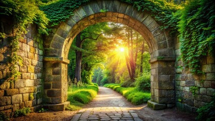 Majestic Stone Archway Landscape, High Depth of Field, Sunlit Pathway