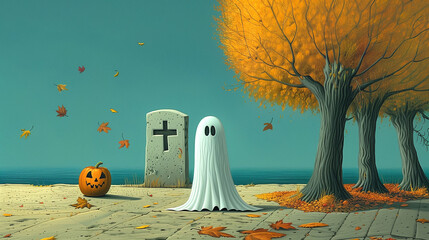 Cute Halloween Ghost In Cemetery, Pumpkin Autumn
