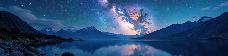 Fototapeta premium Panoramic arch of Milky Way over serene mountain lake, moonlight, water, night sky