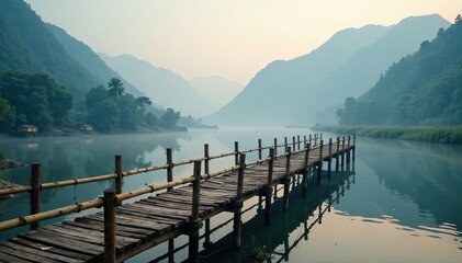 misty morning on a wooden bamboo bridge overlooking the river and mountains, fog, mist