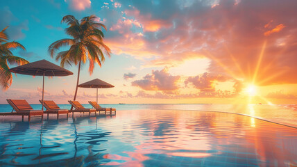Serene Tropical Sunset Over a Resort Pool