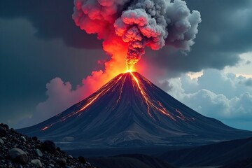 Volcanic eruption with crimson plume rising above ash, ash, plume, fire