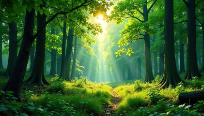 Obraz premium Dense forest canopy above sunlit forest floor, woodlands, nature, greenery